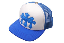 画像をギャラリービューアに読み込む, 新品未使用 CHROME HEARTS クロムハーツ トラッカーキャップ CHクロスパッチ ONE SIZE メッシュ ブルー ホワイト シルバー925 中古 4c070147