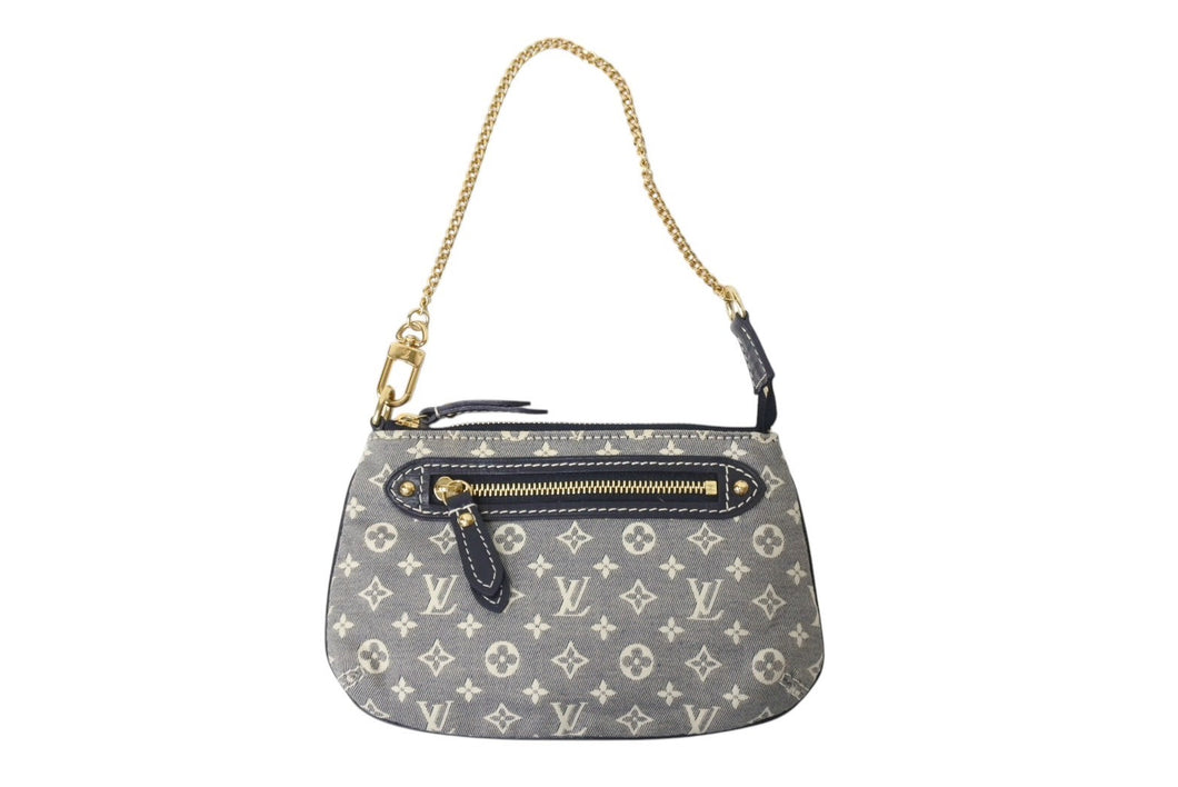 LOUISVUITTON ルイヴィトン LV ミニラン ミニアクセポーチ M95754 キャンバス レザー グレー ネイビー ゴールド金具 美品 中古 4c070256