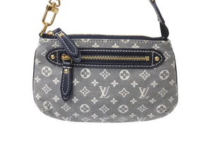 LOUISVUITTON ルイヴィトン LV ミニラン ミニアクセポーチ M95754 キャンバス レザー グレー ネイビー ゴールド金具 美品 中古 4c070256