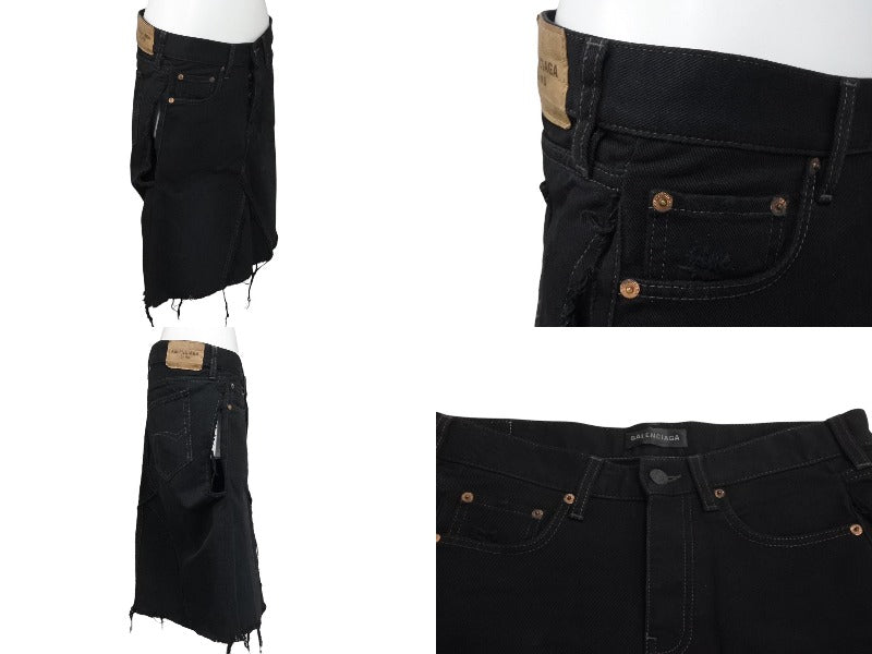 BALENCIAGA Denim Skirt 719270 Size 36 Distressed Docking Black Cotton Good Condition Used 4c070299