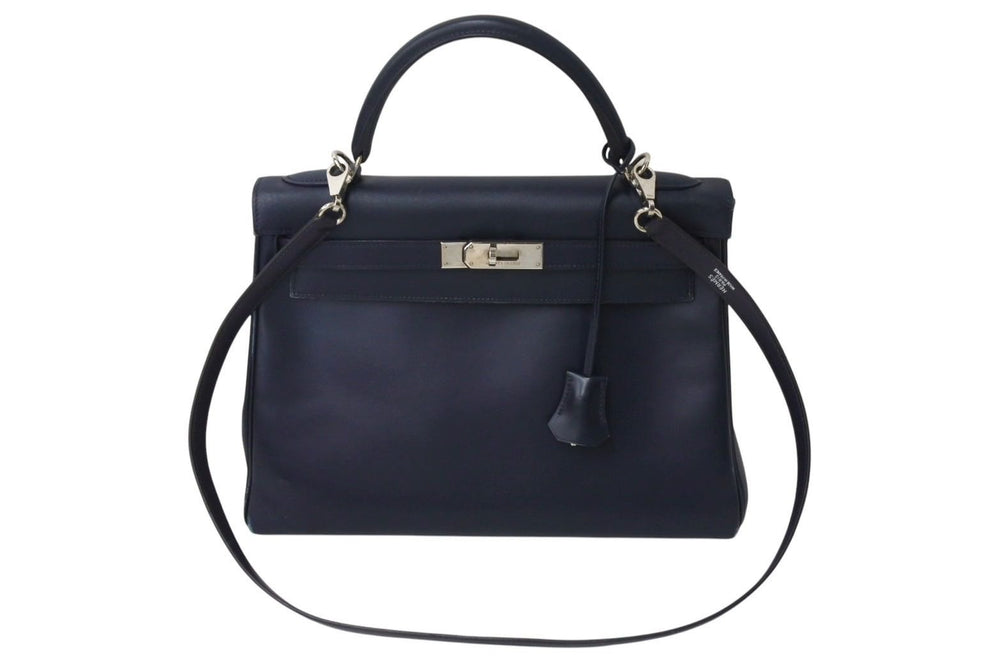 HERMES エルメス ケリー28 外縫い ブルーニュイ ◻︎D刻印 カーフスキン ゴールド金具 V金具 ハンドバッグ 中古 4c070535