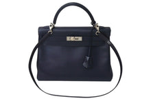 画像をギャラリービューアに読み込む, HERMES エルメス ケリー28 外縫い ブルーニュイ ◻︎D刻印 カーフスキン ゴールド金具 V金具 ハンドバッグ 中古 4c070535