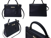 画像をギャラリービューアに読み込む, HERMES エルメス ケリー28 外縫い ブルーニュイ ◻︎D刻印 カーフスキン ゴールド金具 V金具 ハンドバッグ 中古 4c070535