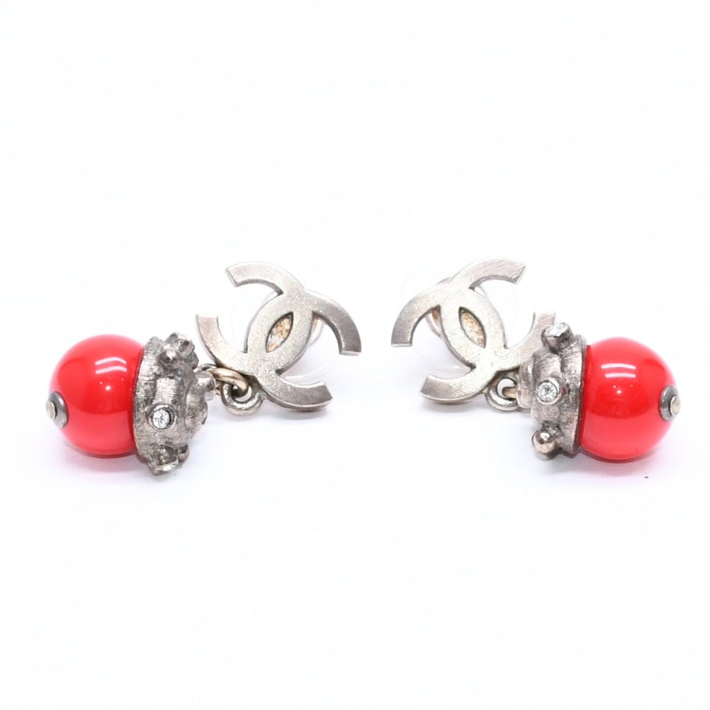 CHANEL Earrings Coco Mark Redstone Rhinestone 05C Stamp Seashell Good Condition Used 4c061159