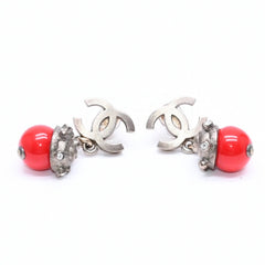 CHANEL Earrings Coco Mark Redstone Rhinestone 05C Stamp Seashell Good Condition Used 4c061159