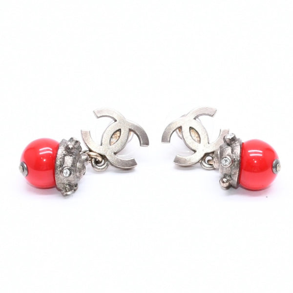 CHANEL Earrings Coco Mark Redstone Rhinestone 05C Stamp Seashell Good Condition Used 4c061159