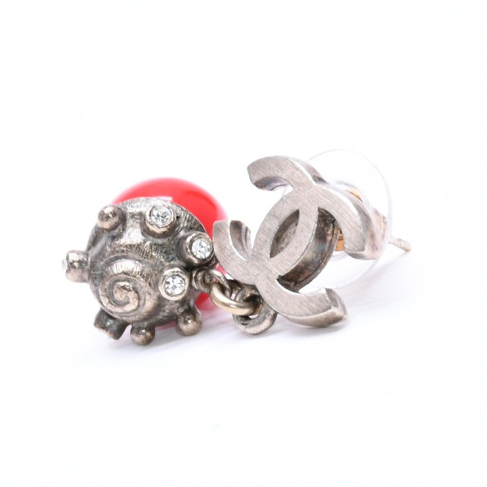 CHANEL Earrings Coco Mark Redstone Rhinestone 05C Stamp Seashell Good Condition Used 4c061159