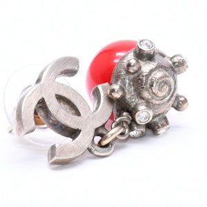 CHANEL Earrings Coco Mark Redstone Rhinestone 05C Stamp Seashell Good Condition Used 4c061159