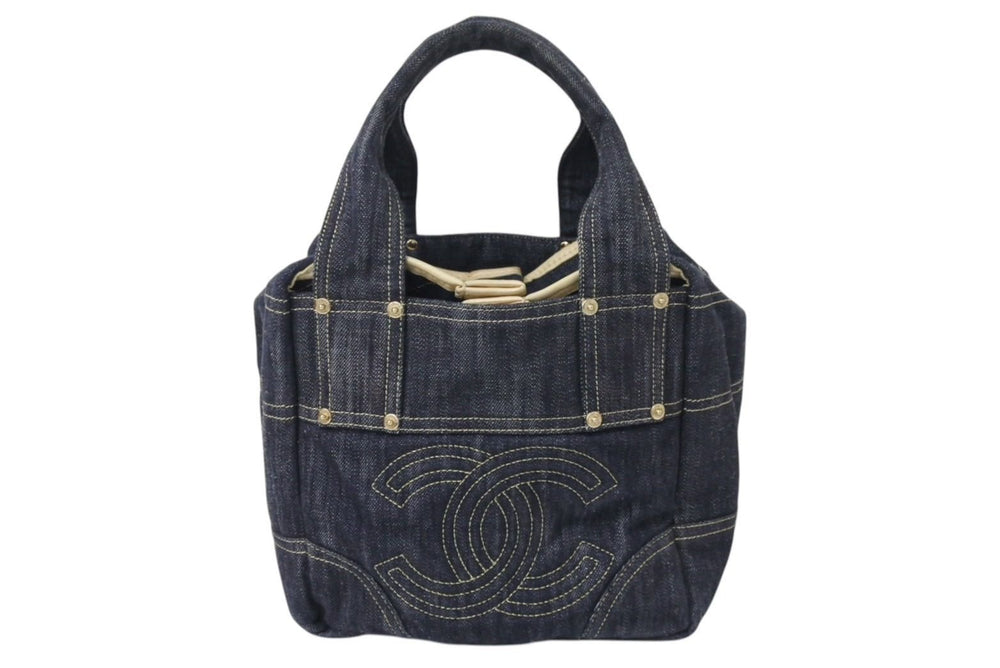 CHANEL シャネル スパークリングデニム ココマーク ハンドバッグ トートバッグ ネイビー ベージュ ゴールド 美品 中古 4c070901