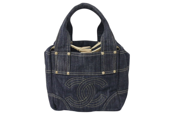 CHANEL シャネル スパークリングデニム ココマーク ハンドバッグ トートバッグ ネイビー ベージュ ゴールド 美品 中古 4c070901