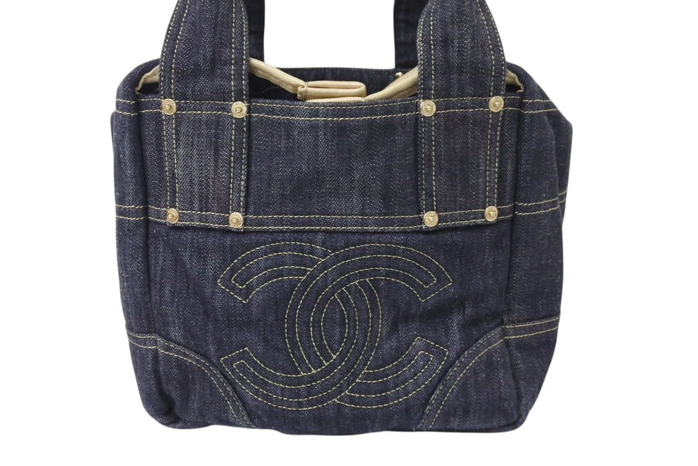 CHANEL シャネル スパークリングデニム ココマーク ハンドバッグ トートバッグ ネイビー ベージュ ゴールド 美品 中古 4c070901
