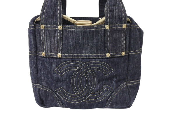 CHANEL シャネル スパークリングデニム ココマーク ハンドバッグ トートバッグ ネイビー ベージュ ゴールド 美品 中古 4c070901