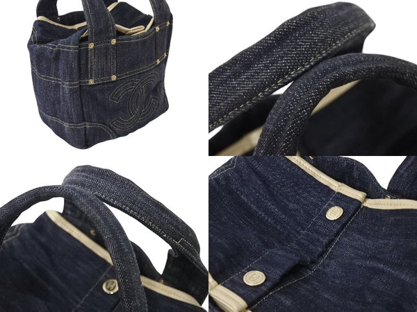 CHANEL シャネル スパークリングデニム ココマーク ハンドバッグ トートバッグ ネイビー ベージュ ゴールド 美品 中古 4c070901
