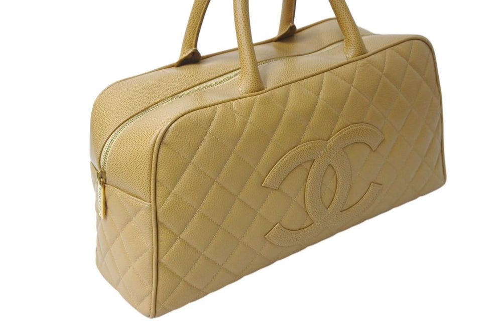 Very Good Condition CHANEL Chanel Matelasse Boston Bag Coco Mark No. 8 Caviar Skin Beige Gold Hardware Used 4c070962