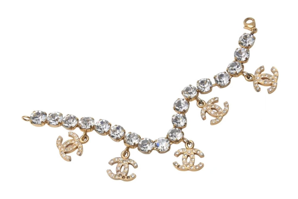 CHANEL Bracelet 96P Engraved Here Mark Charm Metal Rhinestone Gold Color Total Length Approx. 20cm Good Used 4c071171