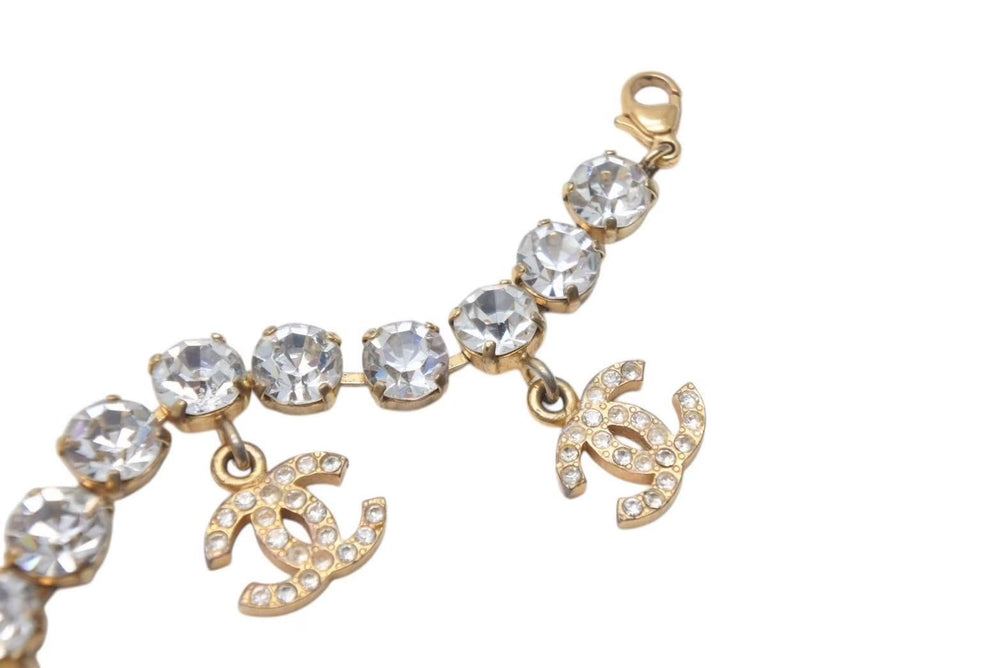 CHANEL Bracelet 96P Engraved Here Mark Charm Metal Rhinestone Gold Color Total Length Approx. 20cm Good Used 4c071171