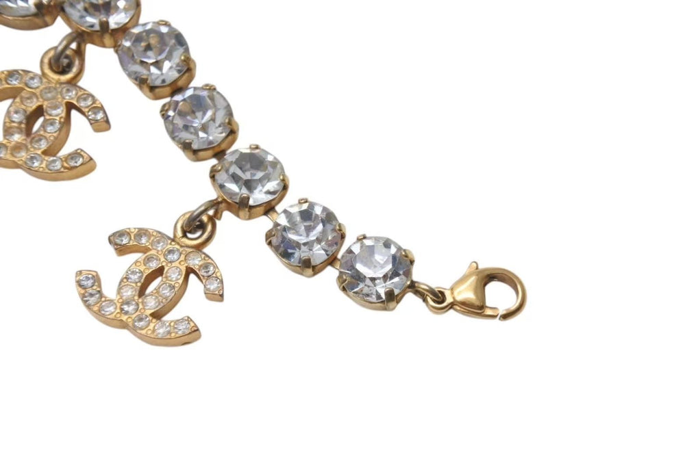 CHANEL Bracelet 96P Engraved Here Mark Charm Metal Rhinestone Gold Color Total Length Approx. 20cm Good Used 4c071171