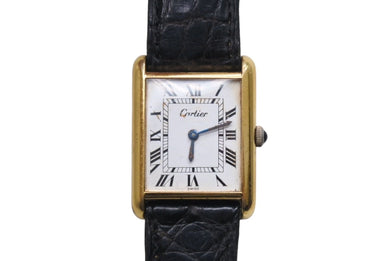 Cartier カルティエ マストタンク 腕時計 SWISS 革ベルト 18K GOLD Electroplated ブラック ゴールド金具 美品 中古 4c071201