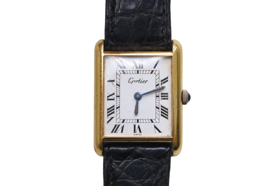 Cartier カルティエ マストタンク 腕時計 SWISS 革ベルト 18K GOLD Electroplated ブラック ゴールド金具 美品 中古 4c071201