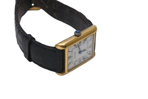 Cartier カルティエ マストタンク 腕時計 SWISS 革ベルト 18K GOLD Electroplated ブラック ゴールド金具 美品 中古 4c071201