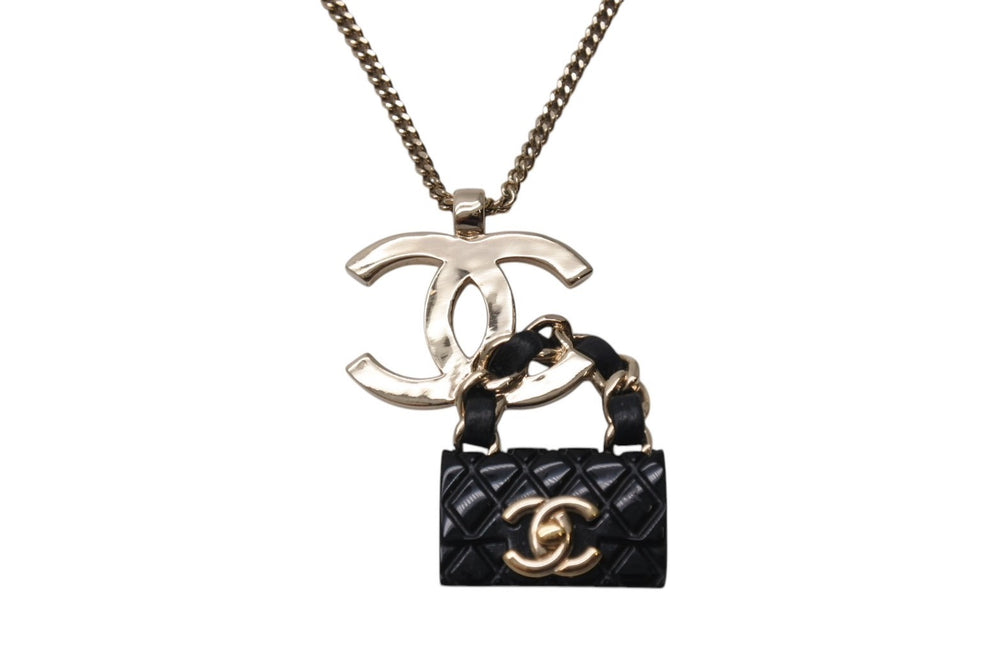 CHANEL Necklace B23C engraved Approx. 16.8g Total length approx. 60cm Coco Mark Matelasse Gold Black Metal Leather Resin Good Condition Used 4c071424