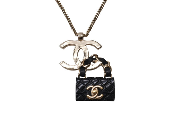 CHANEL Necklace B23C engraved Approx. 16.8g Total length approx. 60cm Coco Mark Matelasse Gold Black Metal Leather Resin Good Condition Used 4c071424