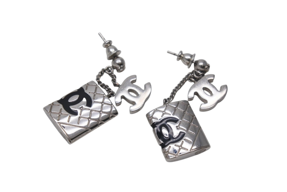 CHANEL Earrings Both Ears Here Mark Dangle 95C Made in Italy Metal Silver Black Silver Hardware Good Condition Used 4c071430
