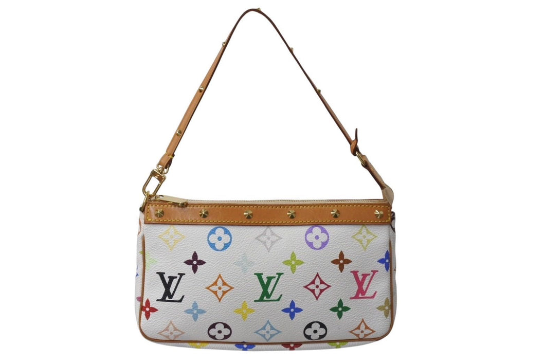 極美品 LOUIS VUITTON ルイヴィトン モノグラム マルチカラー ポシェット アクセソワール アクセサリーポーチ M92649 村上隆 ホワイト 中古 4c071600