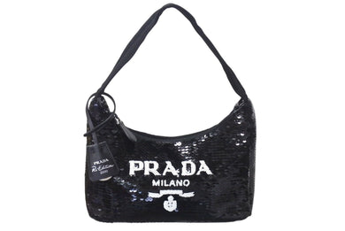 極美品 PRADA プラダ ホーボー ハンドバッグ 1NE515 スパンコール ロゴ ブラック ホワイト シルバー金具 中古 4c071784