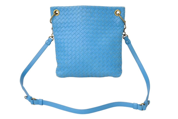 BOTTEGA VENETA Intrecciato Shoulder Bag Leather Blue Antique Gold Hardware Good Condition Used 4c071846