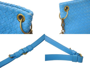 BOTTEGA VENETA Intrecciato Shoulder Bag Leather Blue Antique Gold Hardware Good Condition Used 4c071846