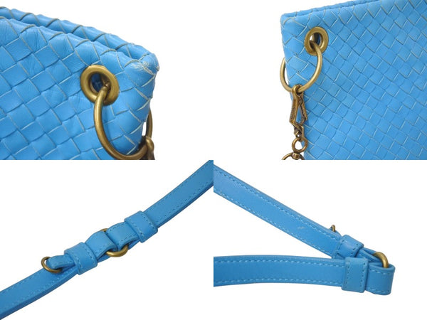 BOTTEGA VENETA Intrecciato Shoulder Bag Leather Blue Antique Gold Hardware Good Condition Used 4c071846