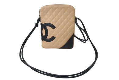 CHANEL シャネル カンボンライン ショルダーバッグ 9番台 ラムスキン ベージュ ブラック シルバー金具 美品 中古 4c071869