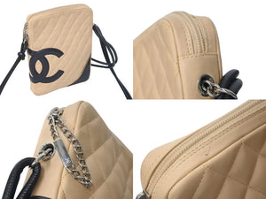 CHANEL シャネル カンボンライン ショルダーバッグ 9番台 ラムスキン ベージュ ブラック シルバー金具 美品 中古 4c071869