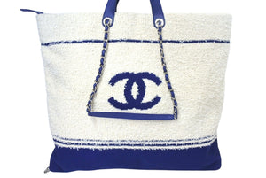 極美品 CHANEL シャネル トートバッグ ラージショッピングバッグ 26番台 AS0452 コットン ラム ホワイト ブルー 中古 4c071872