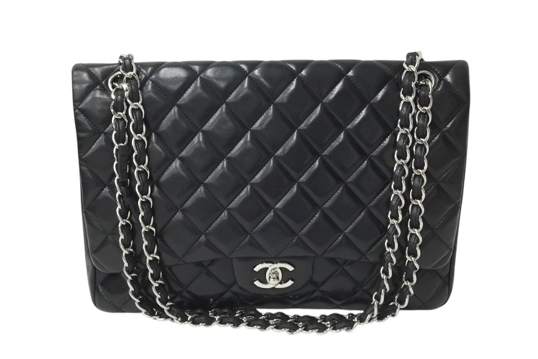 CHANEL シャネル シングルフラップ チェーンショルダーバッグ デカマトラッセ 33cm 13番台 ラムキン ブラック 美品 中古 4c071987