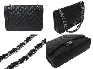 CHANEL シャネル シングルフラップ チェーンショルダーバッグ デカマトラッセ 33cm 13番台 ラムキン ブラック 美品 中古 4c071987