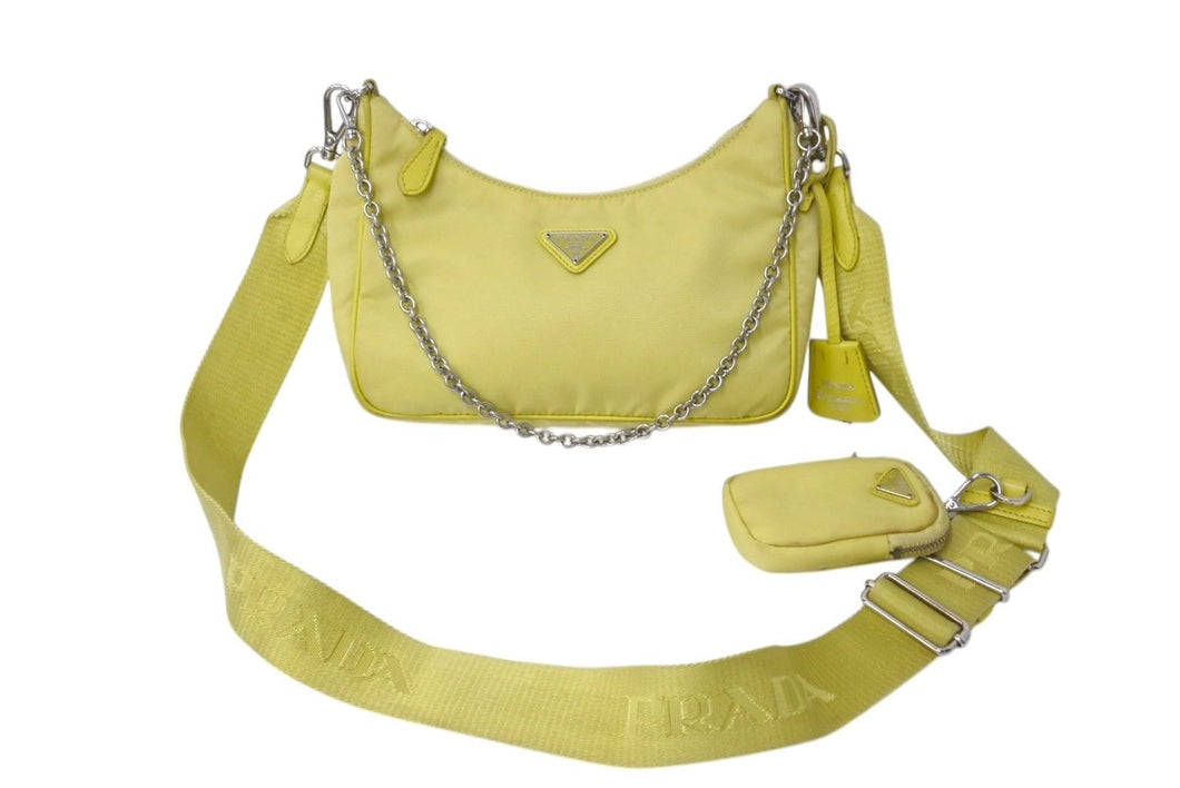 PRADA プラダ Re-Edition 2005 ホーボー ショルダーバッグ ナイロン サフィアーノレザー 1BH204 イエロー 良品 中古 4c072000