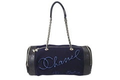 Very Good Condition CHANEL Embroidered Boston Bag No. 26 Made in Italy Wool Leather Navy Blue Silver Hardware Used 4c072508