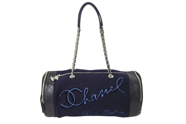 Very Good Condition CHANEL Embroidered Boston Bag No. 26 Made in Italy Wool Leather Navy Blue Silver Hardware Used 4c072508