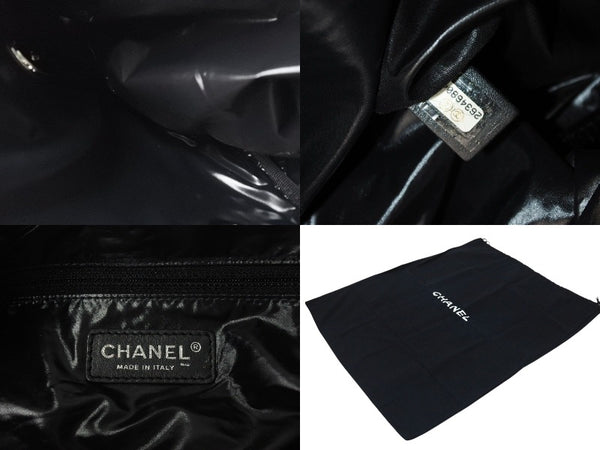 Very Good Condition CHANEL Embroidered Boston Bag No. 26 Made in Italy Wool Leather Navy Blue Silver Hardware Used 4c072508