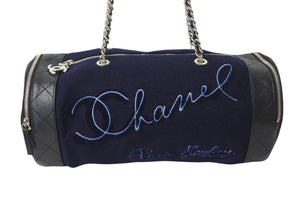 Very Good Condition CHANEL Embroidered Boston Bag No. 26 Made in Italy Wool Leather Navy Blue Silver Hardware Used 4c072508