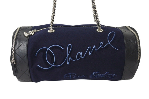 Very Good Condition CHANEL Embroidered Boston Bag No. 26 Made in Italy Wool Leather Navy Blue Silver Hardware Used 4c072508
