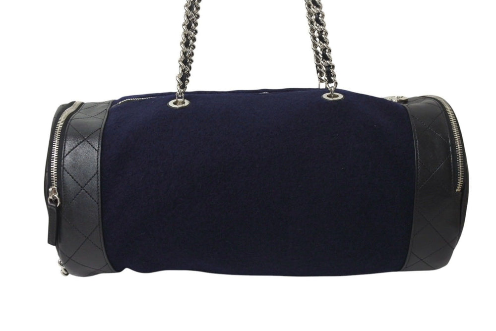 Very Good Condition CHANEL Embroidered Boston Bag No. 26 Made in Italy Wool Leather Navy Blue Silver Hardware Used 4c072508