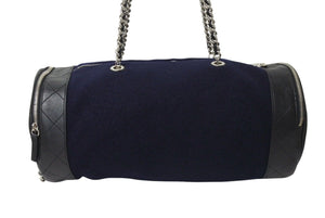 Very Good Condition CHANEL Embroidered Boston Bag No. 26 Made in Italy Wool Leather Navy Blue Silver Hardware Used 4c072508
