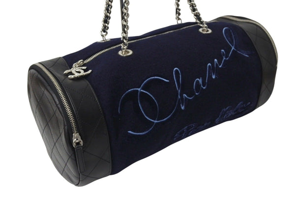 Very Good Condition CHANEL Embroidered Boston Bag No. 26 Made in Italy Wool Leather Navy Blue Silver Hardware Used 4c072508