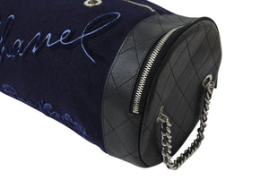 Very Good Condition CHANEL Embroidered Boston Bag No. 26 Made in Italy Wool Leather Navy Blue Silver Hardware Used 4c072508