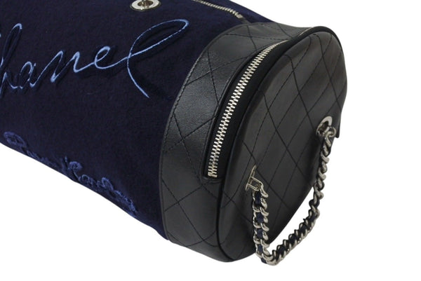 Very Good Condition CHANEL Embroidered Boston Bag No. 26 Made in Italy Wool Leather Navy Blue Silver Hardware Used 4c072508