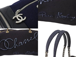Very Good Condition CHANEL Embroidered Boston Bag No. 26 Made in Italy Wool Leather Navy Blue Silver Hardware Used 4c072508