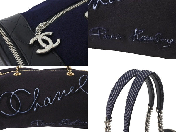 Very Good Condition CHANEL Embroidered Boston Bag No. 26 Made in Italy Wool Leather Navy Blue Silver Hardware Used 4c072508